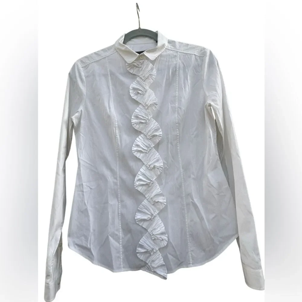 Burberry Women's White Cotton Blend Ruffle Button Down Dress Shirt - Picture 4 of 6